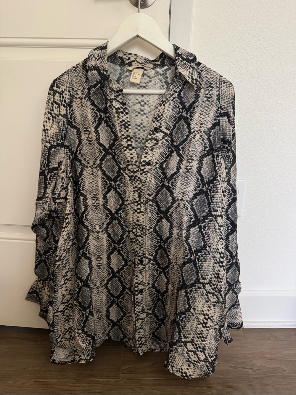 H&M Black and Cream Snake-Print Button-Up Blouse
